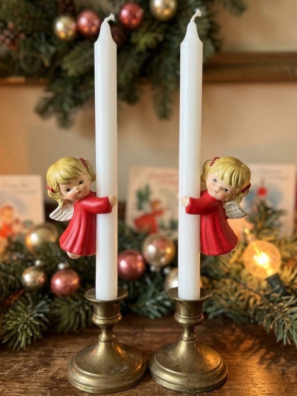 Vintage 60s Ceramic Christmas Angel Candle Taper Huggers